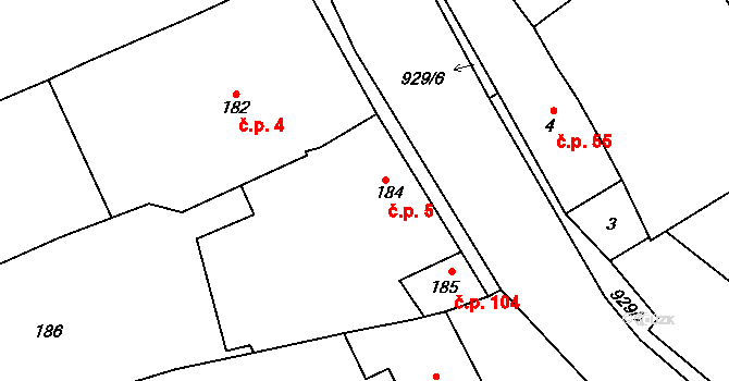 Ostrovačice 5 na parcele st. 184 v KÚ Ostrovačice, Katastrální mapa