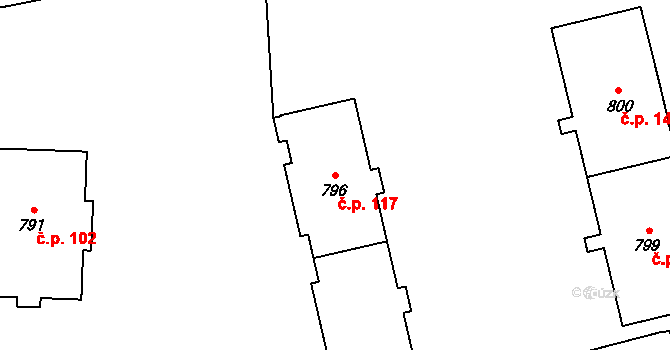 Vsetín 117 na parcele st. 796 v KÚ Vsetín, Katastrální mapa