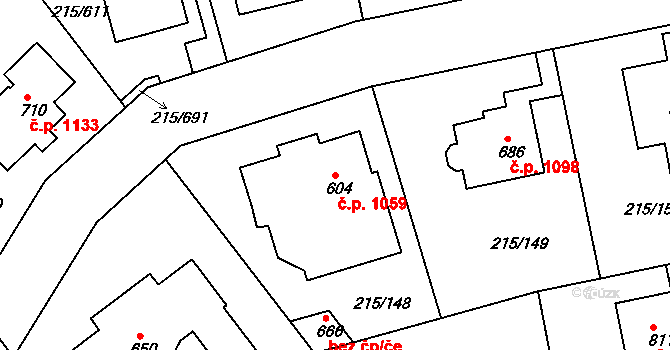 Rudná 1059 na parcele st. 604 v KÚ Hořelice, Katastrální mapa