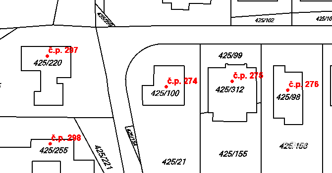 Kanice 274 na parcele st. 425/100 v KÚ Kanice, Katastrální mapa
