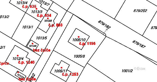 Kosmonosy 1196 na parcele st. 1005/10 v KÚ Kosmonosy, Katastrální mapa