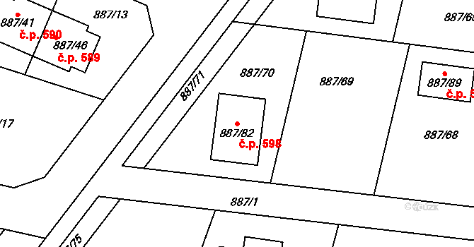 Jirny 598 na parcele st. 887/82 v KÚ Jirny, Katastrální mapa