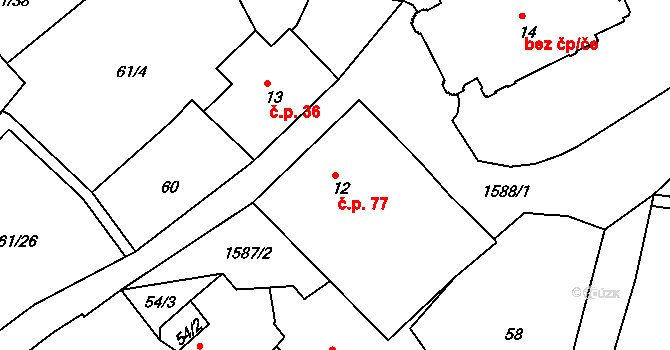 Vřeskovice 77 na parcele st. 12 v KÚ Vřeskovice, Katastrální mapa