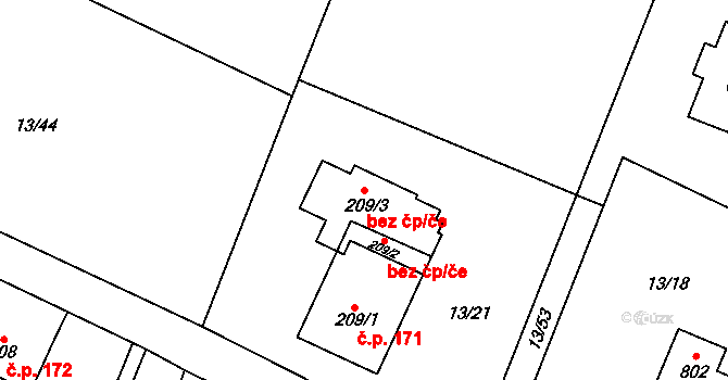 Třinec 46341366 na parcele st. 209/3 v KÚ Nebory, Katastrální mapa
