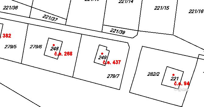 Lipno 437, Líšťany na parcele st. 249 v KÚ Těchoděly, Katastrální mapa