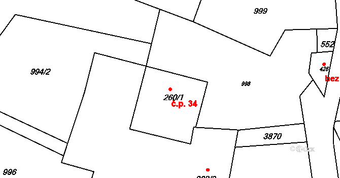 Šonov 34 na parcele st. 260/1 v KÚ Šonov u Broumova, Katastrální mapa