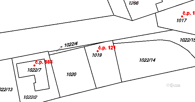 Hronov 121 na parcele st. 1019 v KÚ Hronov, Katastrální mapa