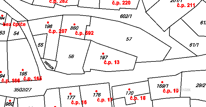 Lysice 13 na parcele st. 197 v KÚ Lysice, Katastrální mapa