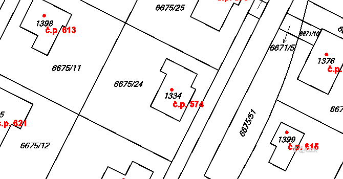Březí 574 na parcele st. 1334 v KÚ Březí u Mikulova, Katastrální mapa