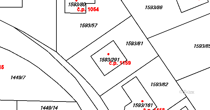 Kosmonosy 1159 na parcele st. 1593/291 v KÚ Kosmonosy, Katastrální mapa