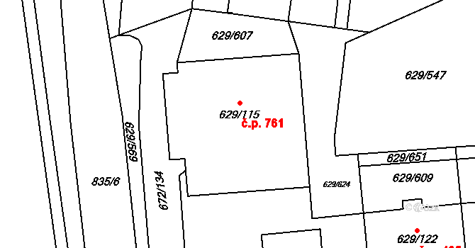 Letňany 761, Praha na parcele st. 629/115 v KÚ Letňany, Katastrální mapa