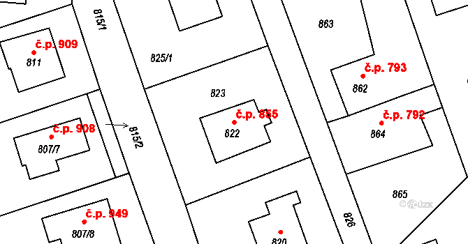 Štramberk 855 na parcele st. 822 v KÚ Štramberk, Katastrální mapa