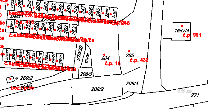 Podbořany 16 na parcele st. 264 v KÚ Podbořany, Katastrální mapa