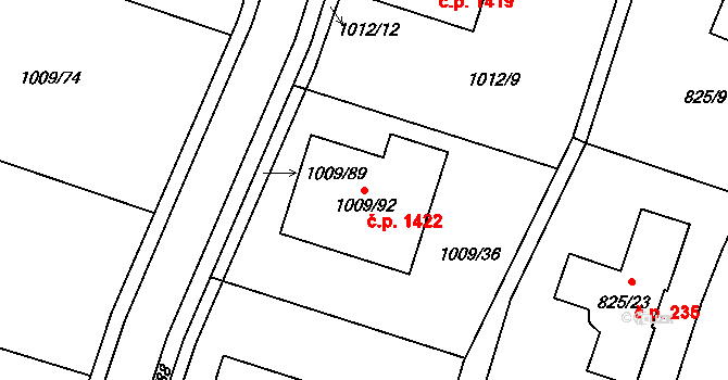 Mohelnice 1422 na parcele st. 1009/92 v KÚ Mohelnice, Katastrální mapa