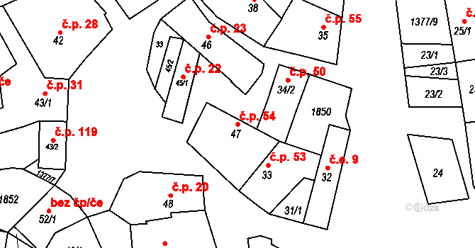 Jestřabice 54, Koryčany na parcele st. 47 v KÚ Jestřabice, Katastrální mapa