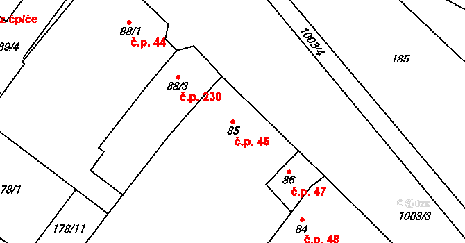 Přímětice 45, Znojmo na parcele st. 85 v KÚ Přímětice, Katastrální mapa