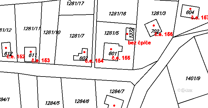 Velký Rybník 155, Hroznětín na parcele st. 601 v KÚ Hroznětín, Katastrální mapa