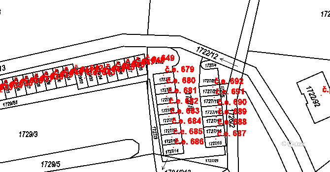 Miřetice u Klášterce nad Ohří 680, Klášterec nad Ohří na parcele st. 1727/8 v KÚ Miřetice u Klášterce nad Ohří, Katastrální mapa