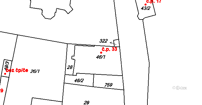 Černožice 33 na parcele st. 46/1 v KÚ Černožice nad Labem, Katastrální mapa