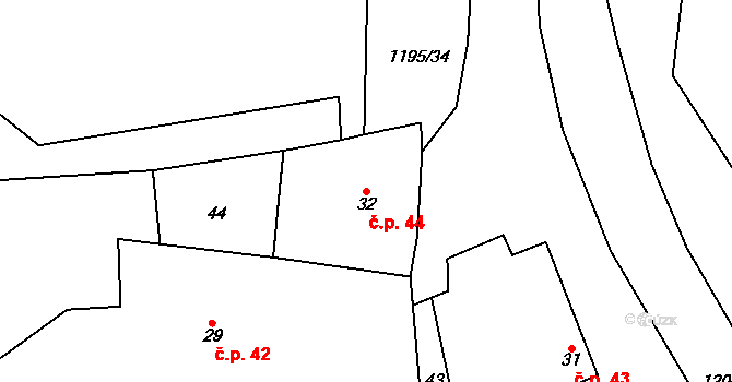 Běchary 44 na parcele st. 32 v KÚ Běchary, Katastrální mapa