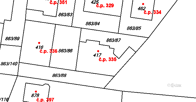 Brozany nad Ohří 335 na parcele st. 417 v KÚ Brozany nad Ohří, Katastrální mapa