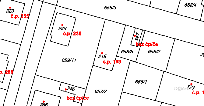 Krchleby 199 na parcele st. 215 v KÚ Krchleby u Nymburka, Katastrální mapa