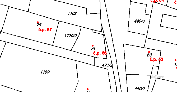 Mikulovice 66 na parcele st. 74 v KÚ Mikulovice, Katastrální mapa