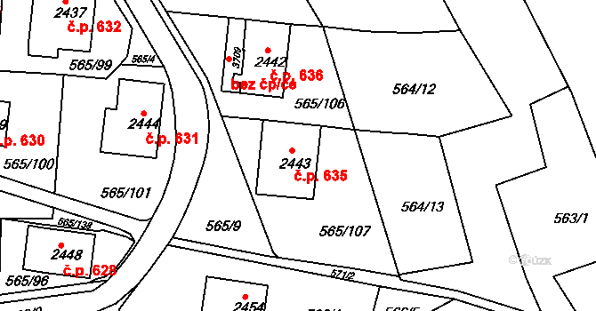 Borovina 635, Třebíč na parcele st. 2443 v KÚ Třebíč, Katastrální mapa