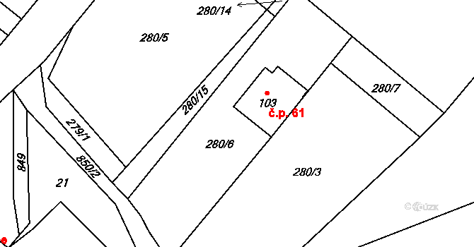 Svépravice 61 na parcele st. 103 v KÚ Svépravice, Katastrální mapa