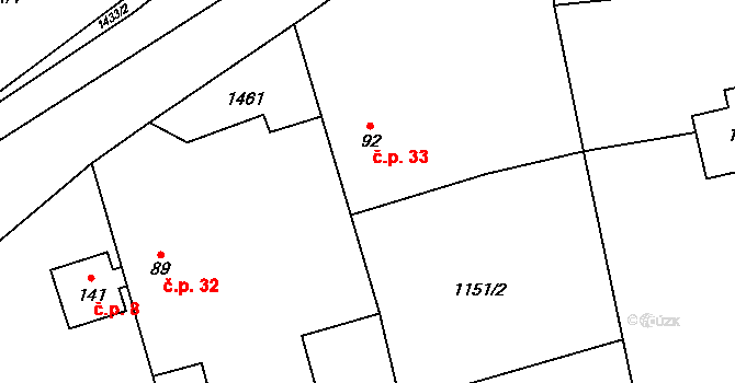 Dolní Kruty 33, Horní Kruty na parcele st. 92 v KÚ Dolní Kruty, Katastrální mapa