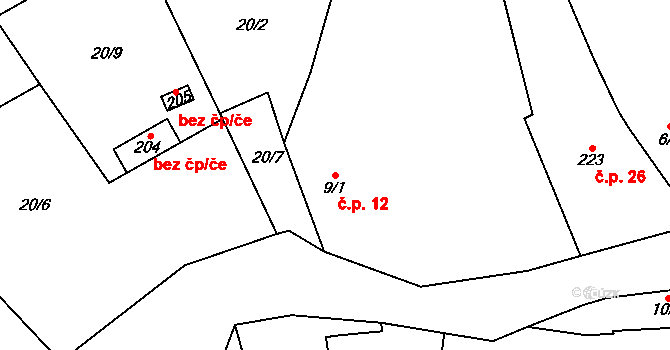 Týřovice 12, Hřebečníky na parcele st. 9/1 v KÚ Týřovice nad Berounkou, Katastrální mapa