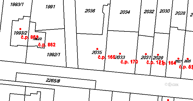 Stodůlky 165, Praha na parcele st. 2035 v KÚ Stodůlky, Katastrální mapa