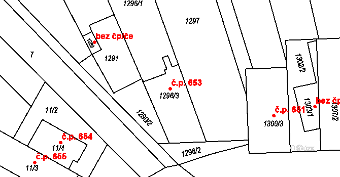 Těšice 653, Mikulčice na parcele st. 1296/3 v KÚ Mikulčice, Katastrální mapa