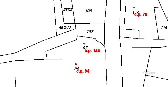 Dolní Libchava 144, Česká Lípa na parcele st. 97 v KÚ Dolní Libchava, Katastrální mapa