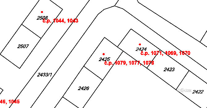 Jirkov 1077,1078,1079 na parcele st. 2425 v KÚ Jirkov, Katastrální mapa