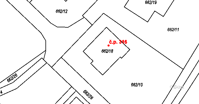 Rozdrojovice 316 na parcele st. 662/18 v KÚ Rozdrojovice, Katastrální mapa