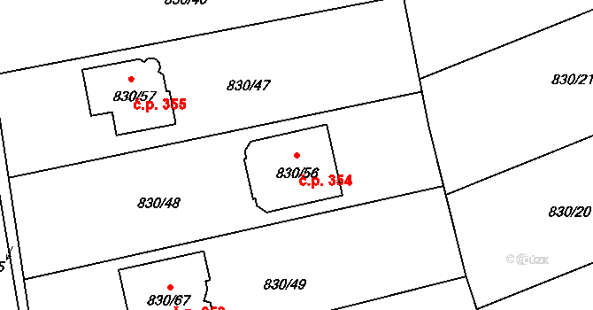 Srubec 354 na parcele st. 830/56 v KÚ Srubec, Katastrální mapa
