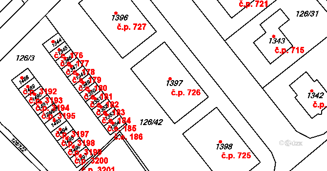 Dědice 726, Vyškov na parcele st. 1397 v KÚ Dědice u Vyškova, Katastrální mapa