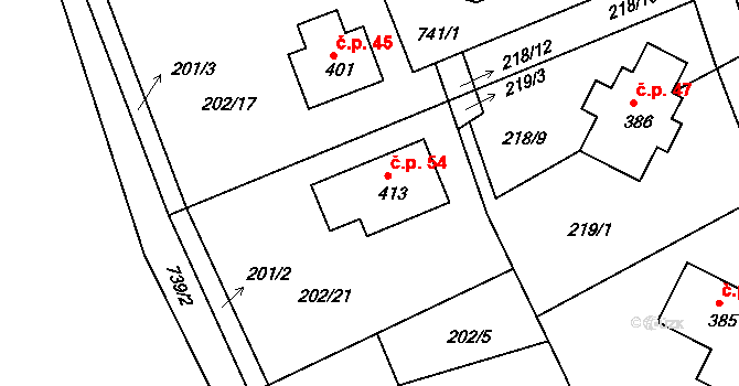 Čtveřín 54 na parcele st. 413 v KÚ Čtveřín, Katastrální mapa