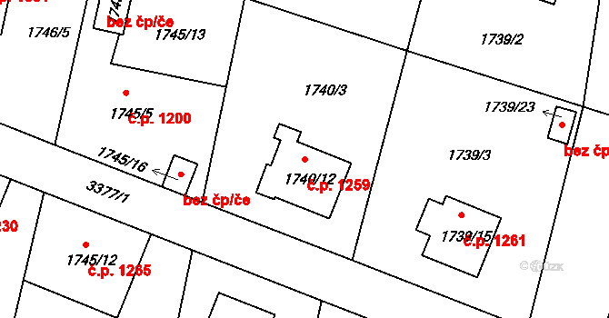 Benešov 1259 na parcele st. 1740/12 v KÚ Benešov u Prahy, Katastrální mapa