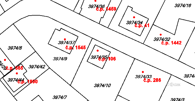 Velké Meziříčí 106 na parcele st. 3974/35 v KÚ Velké Meziříčí, Katastrální mapa
