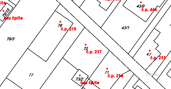 Kozmice 217 na parcele st. 72 v KÚ Kozmice, Katastrální mapa