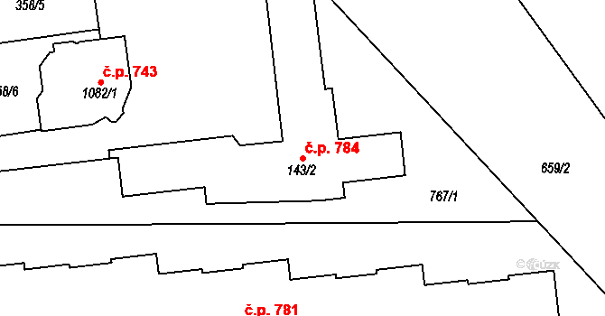 Nové Sady 784, Olomouc na parcele st. 143/2 v KÚ Nové Sady u Olomouce, Katastrální mapa