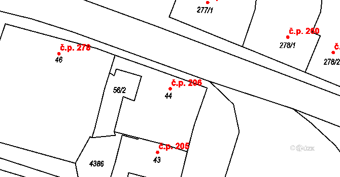 Kožlany 206 na parcele st. 44 v KÚ Kožlany, Katastrální mapa