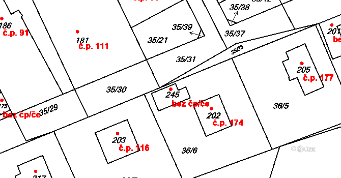 Tachlovice 174 na parcele st. 202 v KÚ Tachlovice, Katastrální mapa
