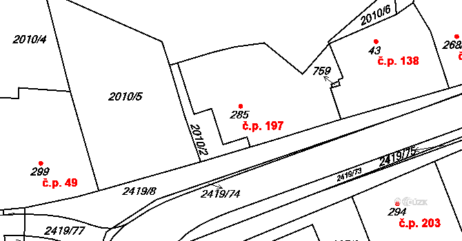 Klenčí pod Čerchovem 197 na parcele st. 285 v KÚ Klenčí pod Čerchovem, Katastrální mapa
