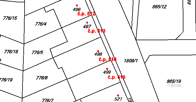 Přelouč 514 na parcele st. 498 v KÚ Přelouč, Katastrální mapa