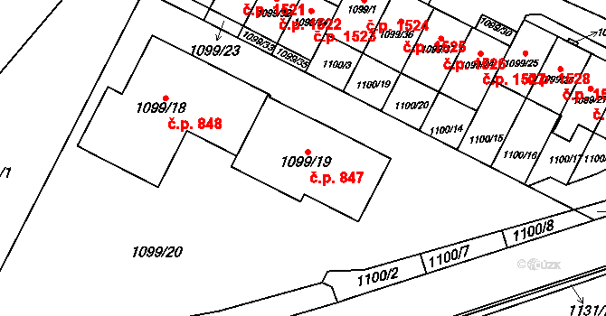 Bystřice nad Pernštejnem 847 na parcele st. 1099/19 v KÚ Bystřice nad Pernštejnem, Katastrální mapa