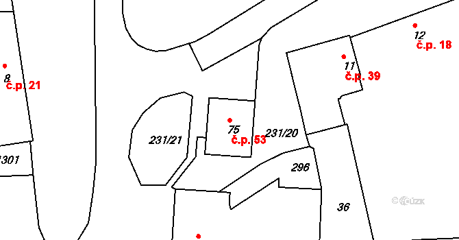 Radčice 53, Vodňany na parcele st. 75 v KÚ Radčice u Vodňan, Katastrální mapa