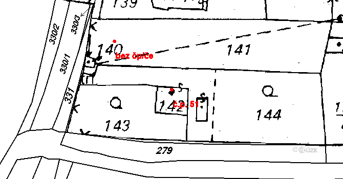 Horní Sekyřany 51, Heřmanova Huť na parcele st. 142 v KÚ Horní Sekyřany, Katastrální mapa